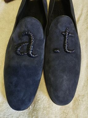 a. testoni Men's Dark Navy Suede Slip-On Loafers with Embroidered 'a.t' 12 G